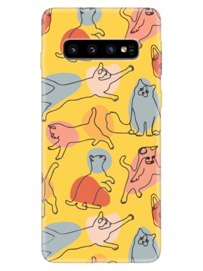 Samsung S10 Kedi Figürleri Sarı Telefon Kılıfı