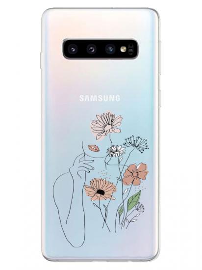 Samsung S10 Kadın Çiçek Şeffaf Telefon Kılıfı