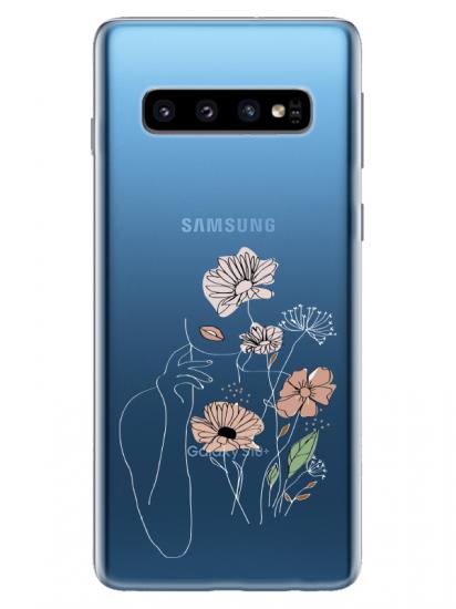 Samsung S10 Plus Kadın Çiçek Şeffaf Telefon Kılıfı