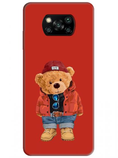 Poco X3 NFC Teddy Bear Kırmızı Telefon Kılıfı