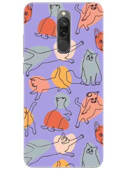 Redmi 8 Kedi Figürleri Lila Telefon Kılıfı