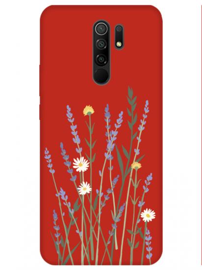 Redmi 9 Lavanta Desenli Kırmızı Telefon Kılıfı