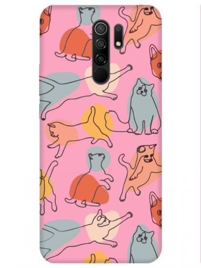 Redmi 9 Kedi Figürleri Pembe Telefon Kılıfı