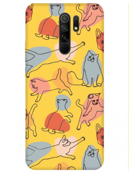 Redmi 9 Kedi Figürleri Sarı Telefon Kılıfı