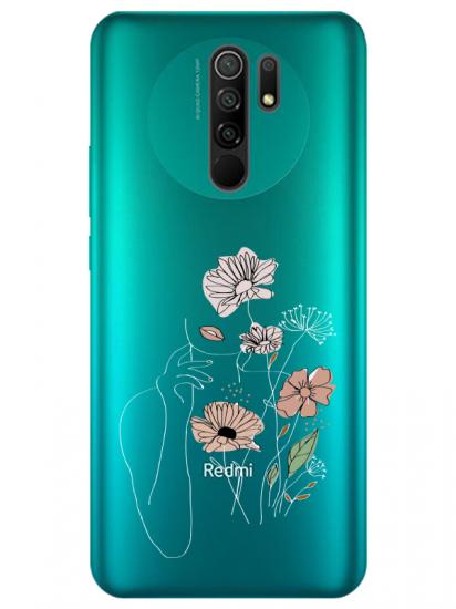 Redmi 9 Kadın Çiçek Şeffaf Telefon Kılıfı