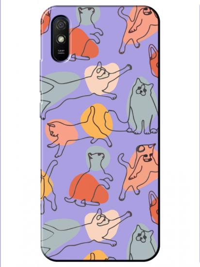 Redmi 9A Kedi Figürleri Lila Telefon Kılıfı