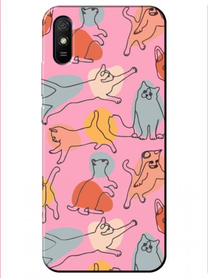 Redmi 9A Kedi Figürleri Pembe Telefon Kılıfı