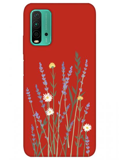 Redmi 9T Lavanta Desenli Kırmızı Telefon Kılıfı