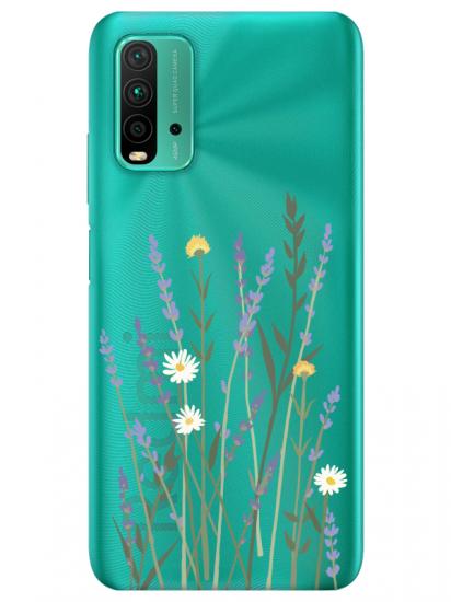 Redmi 9T Lavanta Desenli Şeffaf Telefon Kılıfı