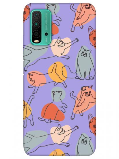 Redmi 9T Kedi Figürleri Lila Telefon Kılıfı