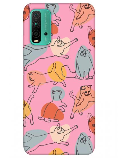 Redmi 9T Kedi Figürleri Pembe Telefon Kılıfı