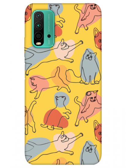 Redmi 9T Kedi Figürleri Sarı Telefon Kılıfı