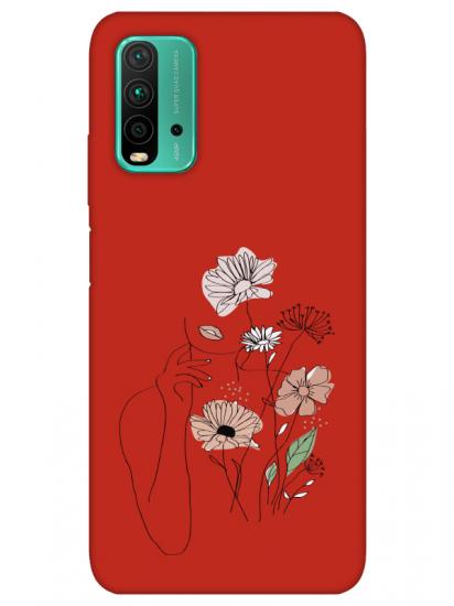 Redmi 9T Kadın Çiçek Kırmızı Telefon Kılıfı